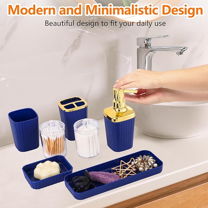 Bathroom Accessory Set,9 Pieces Navy Blue Bathroom Accessories Set with Trash Can, Toothbrush Holder, Soap Dispenser, Toothbrush Cup, Vanity Tray, Soap Dish, Toilet Brush, Qtip Holder