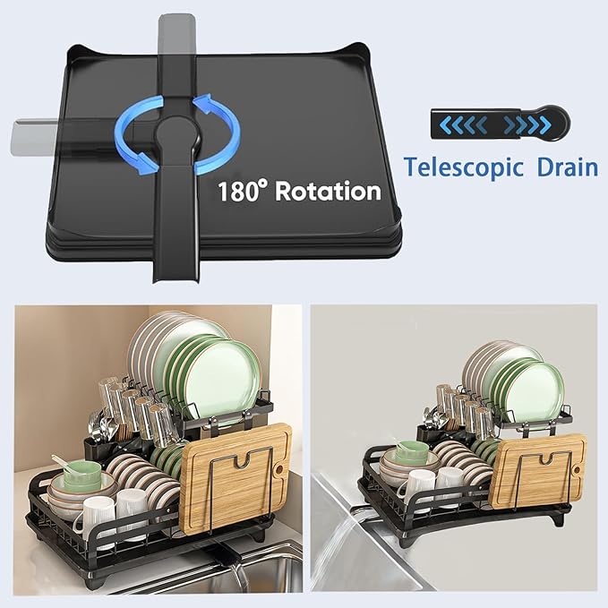 2 Tier Dish Drying Rack Automatic Drainage Board Space-Saving for Kitchen Counter with Cups Holder