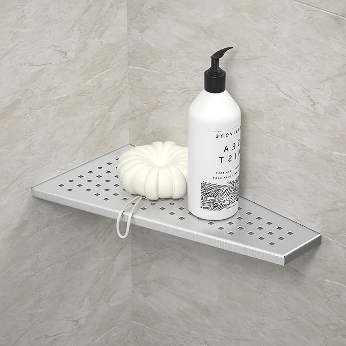 Bernkot Corner Shower Shelf, Brushed 12" Trapezoid Floating Shelf, 304 Stainless Steel Grid Design Recessed Bathroom Shelf for Tiled Wall, No Drilling