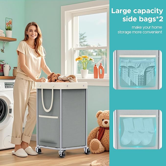 JYPS Laundry Basket With Wheels, 150L Large Rolling Hamper W/Metal Frame & Removable Bag, Waterproof Oxford Fabric, 2 Side Bags, Dirty Clothes Storage Cart For Laundry Room, Dorm, Bedroom, Bathroom