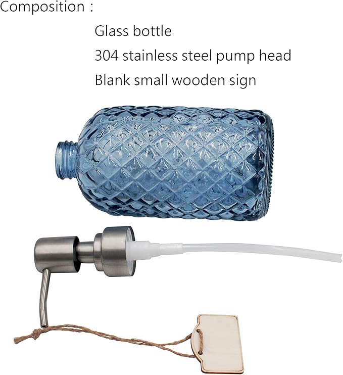 16 oz Diamond Pattern Glass Soap Dispenser, Kitchen and Bathroom Refillable Soap Dispenser with Rust Resistant Stainless Steel Pump for Hand Soap, Lotion Glass Liquid Dispenser(Blue - 2 Pack)