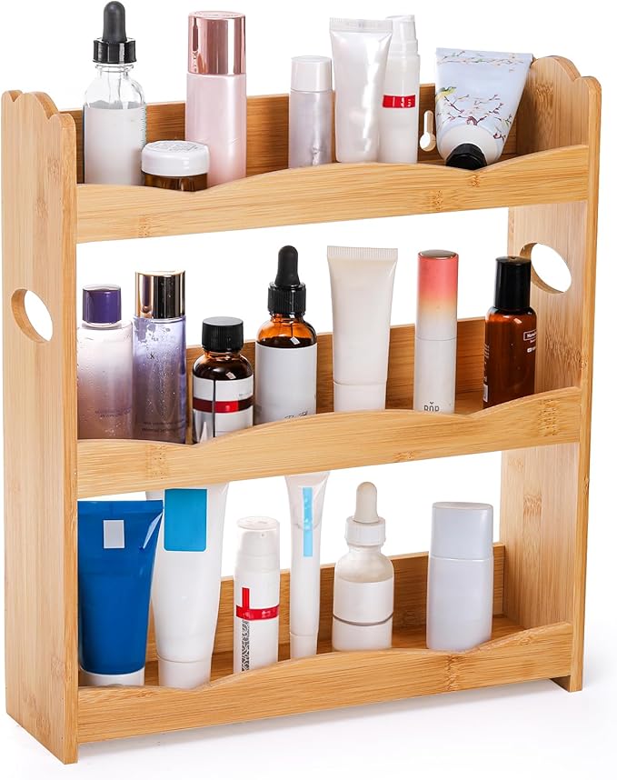 Jucoan 3-Tier Bamboo Spice Rack for Countertop, Wall Mounted Spice Holder Rack Seasoning Bottles Jar Organizer Shelf, Bathroom Organizer Rack, Spice Rack Only, Jars No Included, No Assembly Required
