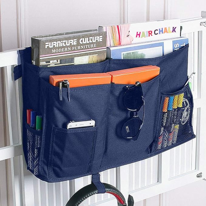 Bunk Bed Organizer, Bedside Storage Caddy, Hanging Pocket for Camp, Dorm Room, Hospital Bed Rail and More (Navy Blue)