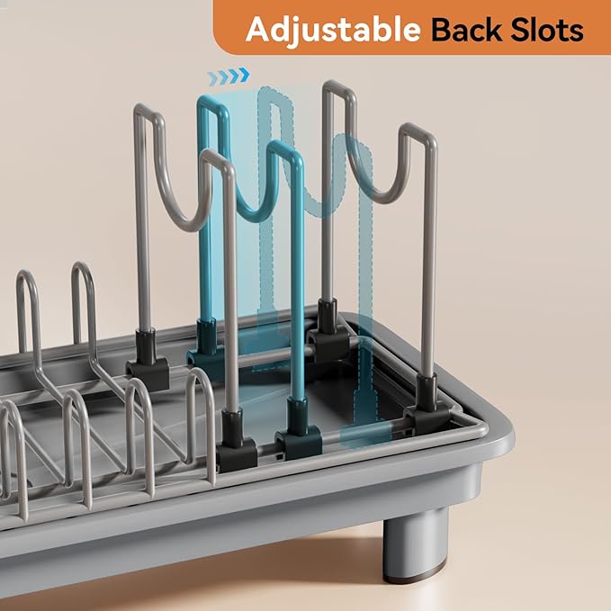 Small Dish Drying Rack, Compact Dish Drainer for Kitchen Counter, with Adjustable Back Slots, Space-Saving for Small Kitchens, Gray