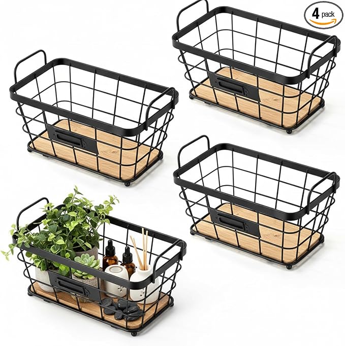 4 Pcs Black Metal Wire Pantry Storage Baskets with Wood Bottoms Small Wire Basket 8.8 x 5 x 5 Inch Farmhouse Decoration Metal Pantry Storage Organizing Caddy Bin Baskets for Bathroom Kitchen