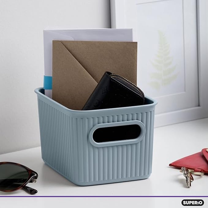 Superio Ribbed Collection - Decorative Plastic Basket Open Home Storage Bins Organizer, Small Blue (6 Pack) Container Boxes for Organizing Closet Storage Bins for Shelves Drawer Shelf 1.5 Liter