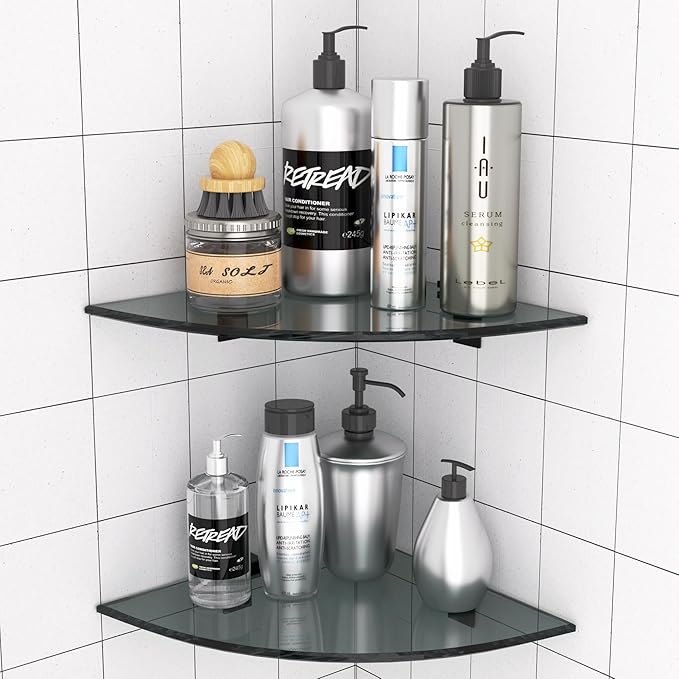 2-Pack Glass Shelf Shower Caddie, Shower Shelves for Inside Shower, Drilling Free Adhesive Wall Mounted Bathroom Organizer Shelves with Aluminium Brackets, Black