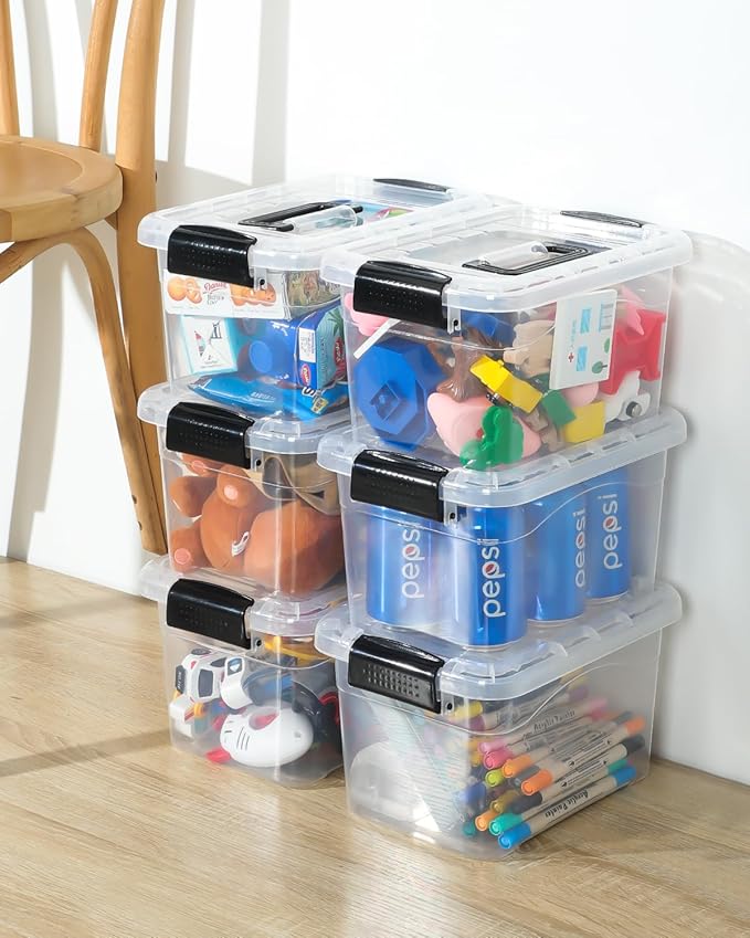 Plastic Storage Bins with Lids 6 Packs, 7 Quart Storage Organizer Bins with Buckle-Up Latches and Handle, Stackable Storage Containers for Home Pantry Office Classroom Organization, Clear