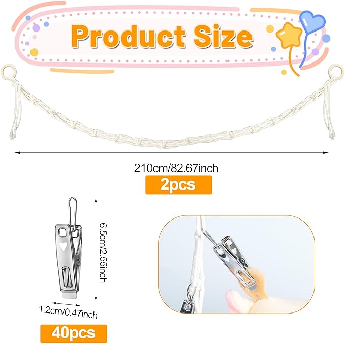 2pcs Stuffed Animal Storage Chain - Boho Stuffed Animal Hammock with 40pcs Metal Clips, Stuff Animal Organizer Hanging Storage for Bedroom Wall Door Display