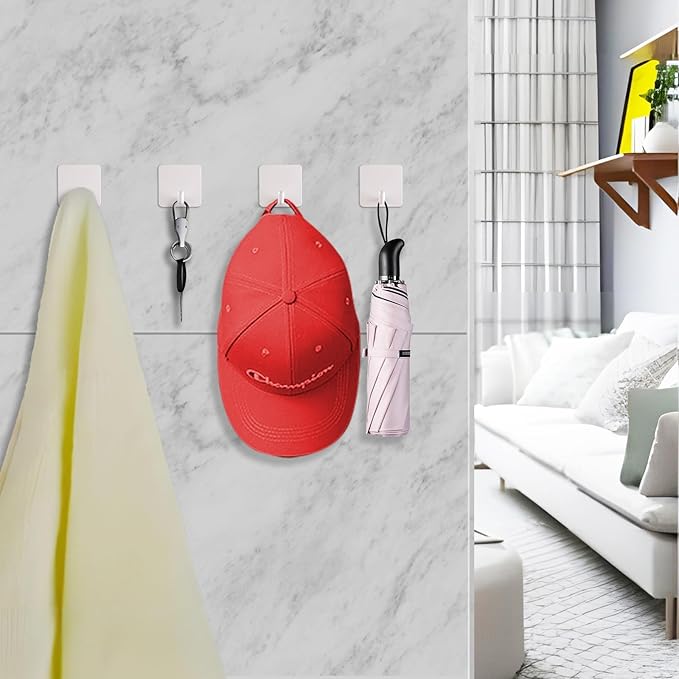 FOTYRIG Adhesive Towel Hooks Heavy Duty Stick on Towel Holder Wall Hangers Waterproof Stainless Steel Sticky Hooks for Hanging White Bathroom Kitchen Home-4 Packs