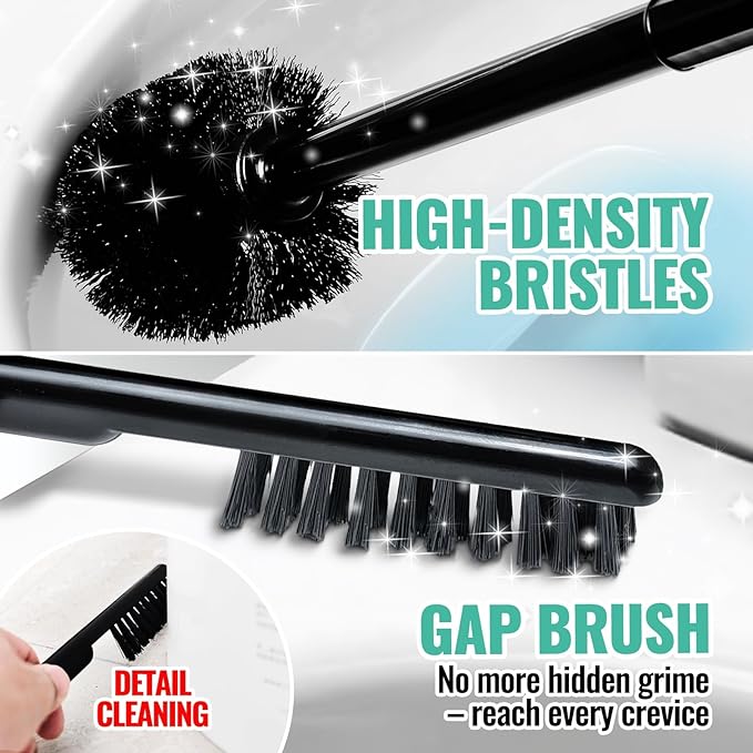 2PACK 3 in 1 Toilet Brush and Plunger Set with Crevice Cleaning Brush, Toilet Plunger and Brush Set with Extra Long Handle, Plungers for Bathroom Accessories, Toilet Plunger with Holder, Black