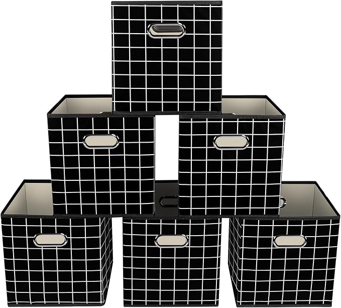 Yunkeeeper storage bins Cubes, Fabric Cube Organizer with Handle, Foldable Cube Bins for Cloth or Accessary Storage, 11x11x11, Set of 6, (Black grid)