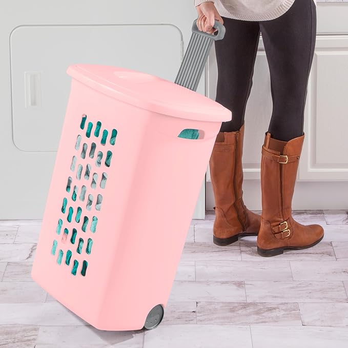 Sterilite 3 Pack Ultra Wheeled Hamper, Plastic Laundry Basket Clothes Bin with Wheels, Flip Top Lid and Retractable Handle, Pink Frost