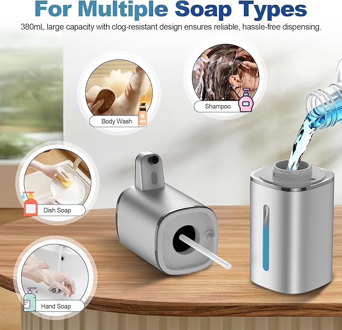 Automatic Liquid Soap Dispenser, 9 Adjustable Levels, 380ml/12.8oz, Touchless Hand Soap or Dish Soap Dispenser,IR Sensor & Display,Wall-Mount or Tabletop Use for Bathroom Kitchen (Silver)