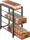 Spice Rack, 3-Tier Pull Out Spice Rack Organizer for Countertop, Narrow Kitchen Countertop Storage Shelf with 2 Drawers, for Kitchen, Cafe, Rustic Brown and Black SR02BR