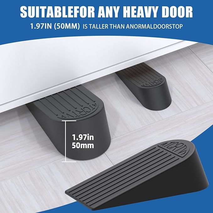 Rubber Extra Large Door Stoppers - 2 Pack Black 1.9 Inches Big Door Stopper Wedge for Bottom of Doorstops,Door Stop for Heavy Duty Doors for Commercial & Home with Self Adhesive Holder