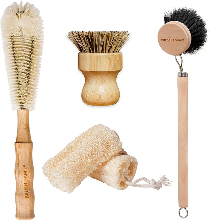 5-Pieces Bamboo Dish Brush Set with Palm Brush, Wooden Handle Dish Scrub Brush, Bottle Scrubber, 2 Loofah Sponge for Dishes, Pans, Bottles, Pots, Vegetables
