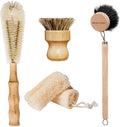 5-Pieces Bamboo Dish Brush Set with Palm Brush, Wooden Handle Dish Scrub Brush, Bottle Scrubber, 2 Loofah Sponge for Dishes, Pans, Bottles, Pots, Vegetables