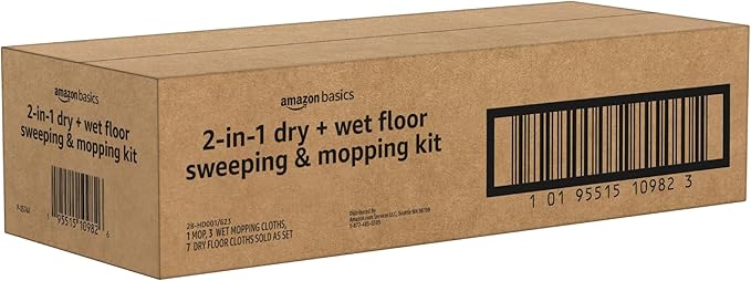 Amazon Basics Wet & Dry Sweeper Kit, 1 Sweeper Handle, 7 Heavy Duty Dry Floor Cloths, 3 Wet Floor Cloths, Pack of 1