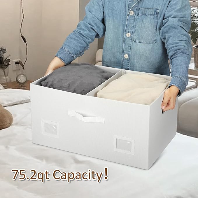 Graciadeco 75 Quarts Extra Large Decorative Storage Bins with Lids, 1 Pack White Collapsible Storage Bins with Lids, Stackable Storage Bins Decorative Box Storage With Lid Extra Large