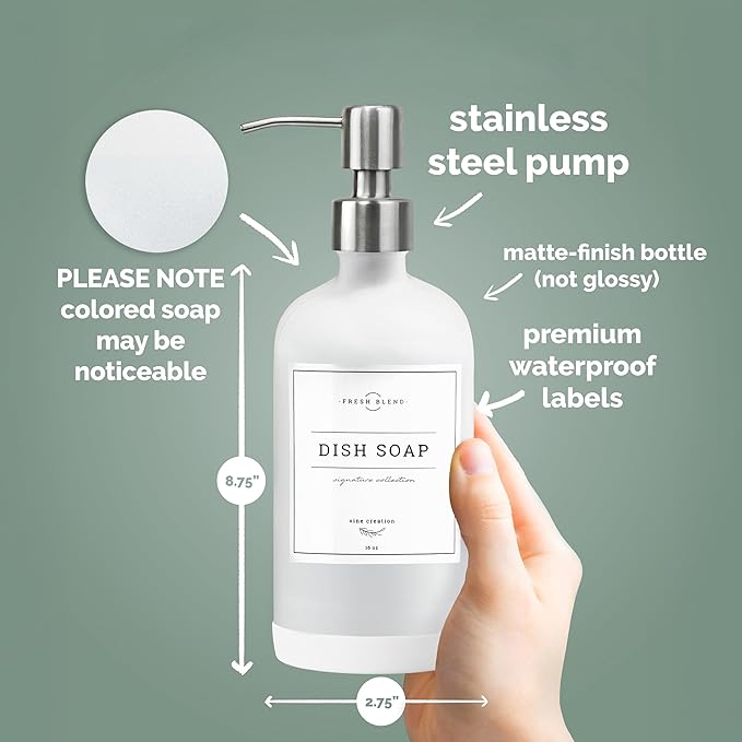 Vine Creations White Glass Soap Dispenser, 2 Pack Kitchen Soap Dispenser Set with Stainless Steel Pump, 16 oz Dish Soap and Hand Soap Dispensers for Bathroom with Waterproof Labels