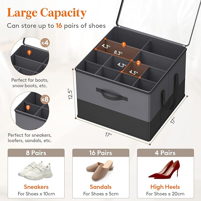 Lifewit Shoe Storage Organizer for Closet, Fabric Large Shoe Box Storage Containers with Clear Cover, Foldable Bins for Boots Heels Sneakers Fits 24-32 Pairs (Each 12-16 Pairs) 2 Pack Black and Gray