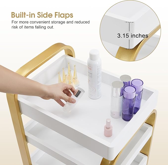 BarberPub Salon Storage Trolley with Shelves, Beauty SPA Rolling Cart with Lockable Wheels, 3-Tier Stylist Tool Organizer, Barber Mobile Station Equipment 2085 (Gold&White)
