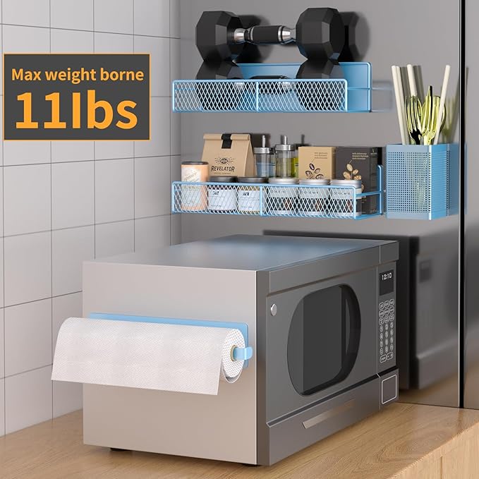 Magnetic Spice Rack for Refrigerator, 6 Pack Metal Magnetic Shelf Blue, Moveable Spice Organizer, Strong Magnetic Storage Fridge Organizer with Paper Towel Holder, Utensils Holder