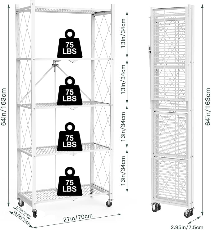 5 Tier Foldable Metal Storage Shelf with Wheels, 500 LBS Heavy Duty Collapsible Wire Shelving Unit, Rolling Utility Rack Cube Bookshelf for Kitchen Pantry Office Garage, 64" x 13" x 27" White