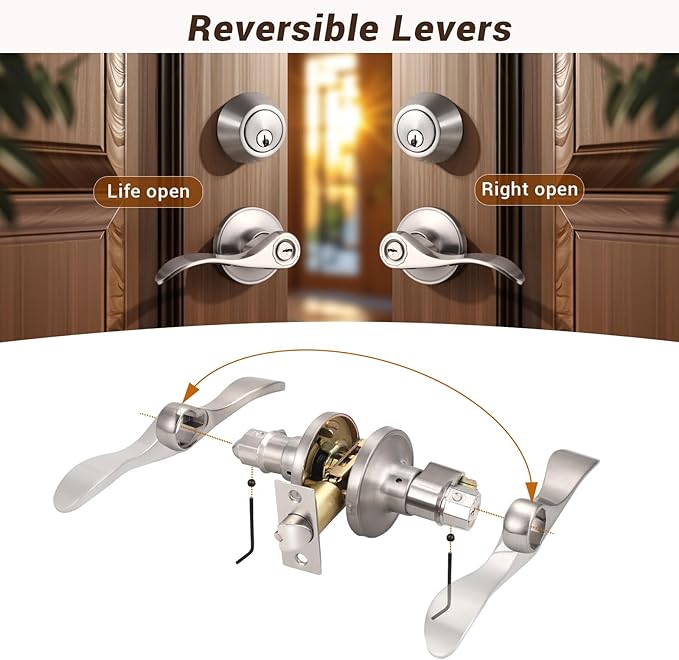 Knobonly 1 Set Entry Door Lever and Deadbolt Lock Set, Deadbolts Keyed Both Sides, All Keyed Same, Wave Style Front and Exterior Door Handleset with Double Cylinder, Satin Nickel Finish