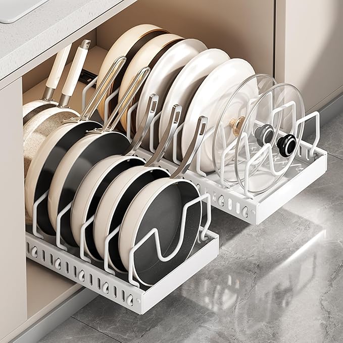 pots and pans organizer under cabinet,pot lid organizers inside cabinet holders for kitchen,Horizontal and vertical pulling modes,cast iron storage ((2pcs) White vertical)