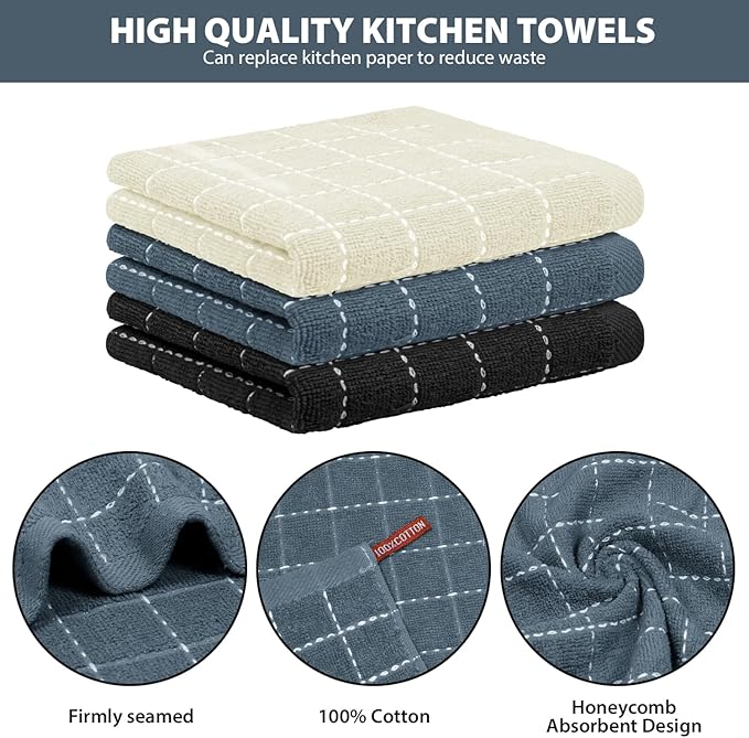 Nialnant 6 Pack Dish Cloths for Washing Dishes, 100% Cotton Reusable Cleaning Rag,Ultra Soft Absorbent, Quick Drying Dish Towels for Kitchen,12x12 Inches Beige+Grey+Black