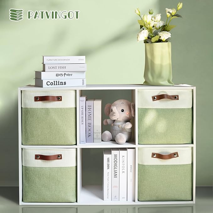 4-Pack Foldable Fabric Storage Cubes 11x11 Inch, Sturdy Cube Organizer Bins with Leather Handles, Storage Baskets for Closet Shelves and Home Organization(White/Green)