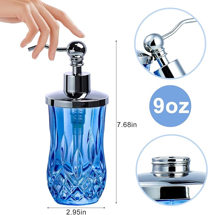 9Oz Blue Glass Soap Dispenser with Silver Pump,Lead-Free Thick-Cut Glass,Countertop Soap Dispensers for Bathroom & Kitchen,Round