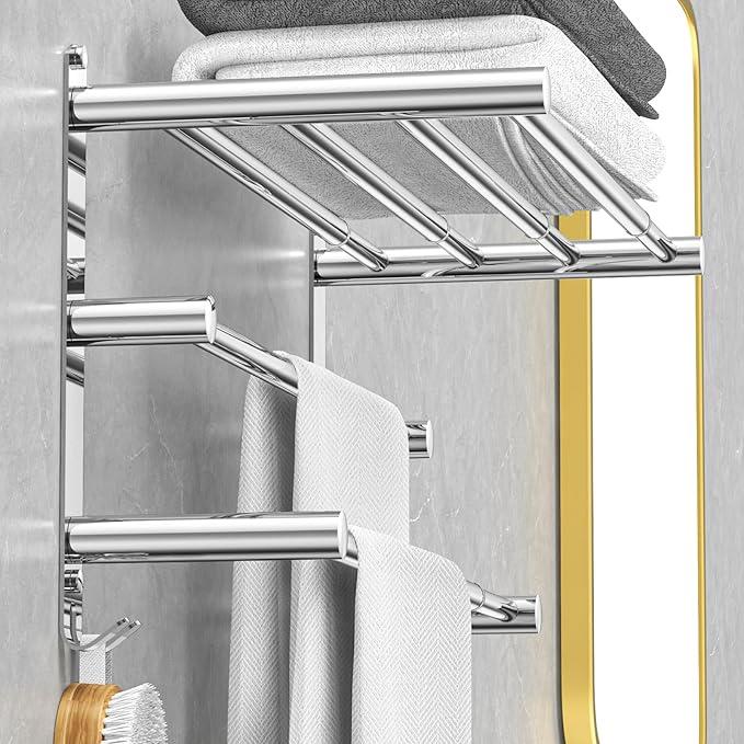 CAXIMSY Adjustable Towel Bar for Bathroom Wall Mount17-30.7inch Adhesive Shower Towel Rack Stainless Steel Bath Towel Holders for Toilet Kitchen Double Towel Hanger (3-Layer Towel Rack)