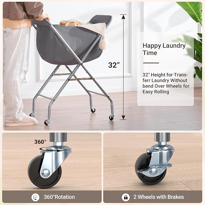 ELYKEN Laundry Cart with Wheels, 32”H Easy Rolling Laundry Hamper with Removable Liner Bag, Sturdy Metal Frame Clothes Basket with 4 Casters and 2 Brakes
