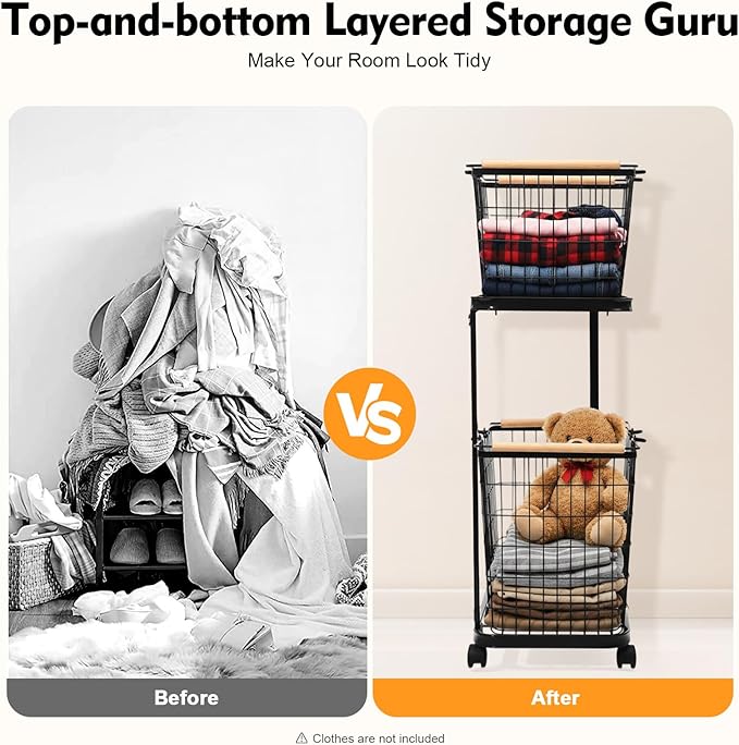 Laundry Basket with Wheels, 2 Tier Removable Wire Laundry Cart, Vertical Laundry Sorter, Rolling Hamper Dirty Clothes Hamper Organizer for Laundry Room, Bathroom, Bedroom, School (Black)