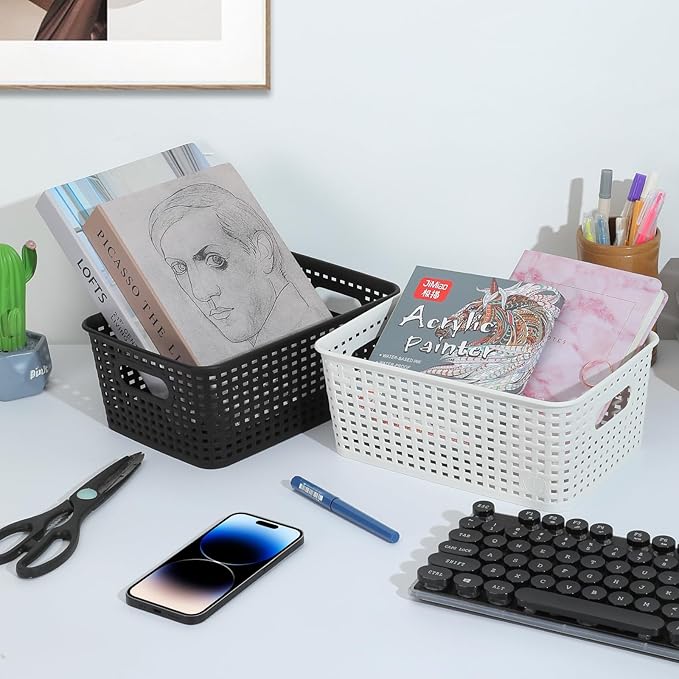 Plastic Storage Baskets Set of 6 Sturdy Pantry Organizers and Storage Bins Storage Container for Shelves, Countertops, Desktops, Cabinets, Bedrooms,White
