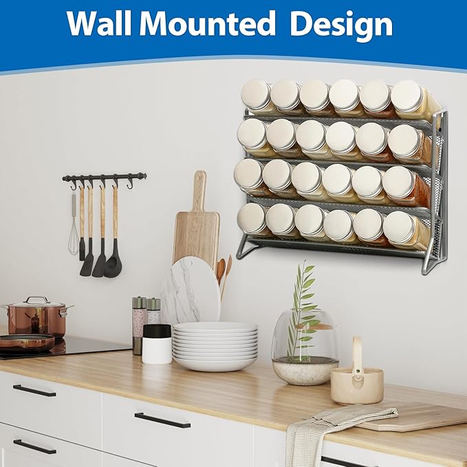 1PCS 4Tier Spice Rack for Counter Free Standing,Spice Rack for Inside Cupboard Hanging Wall Mounted Spice Seasoning Organiser Spice Jars Bottle Organizer for Kitchen Pantry（Silver）