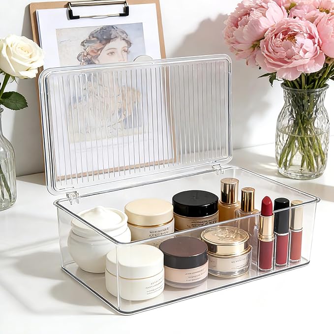 Set of 3 Small Stackable Storage Bins with Hinged Lid, Clear Acrylic Organizer Boxes for Makeup, Cosmetics, Home and Office Supplies Storage