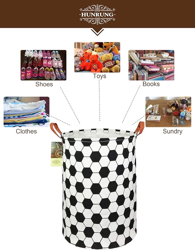 HUNRUNG Laundry Hamper,Large Canvas Fabric Lightweight Storage Basket Toy Organizer Dirty Clothes Collapsible Waterproof for College Dorms, Children Bedroom,Bathroom（Roud-Football）