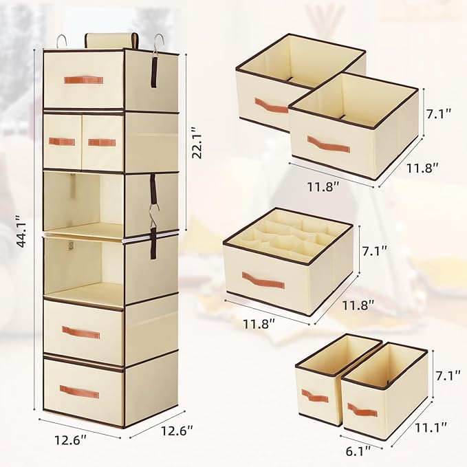 Hanging Closet Organizer 6-Shelf, Upgrade Hanging Shelves for Closet with 5 Removable Drawers & Side Pockets, Hanging Shelf Organizer for Bedroom or Garment Rack, 12.6'' x 12.6'' x 44.1'', Beige