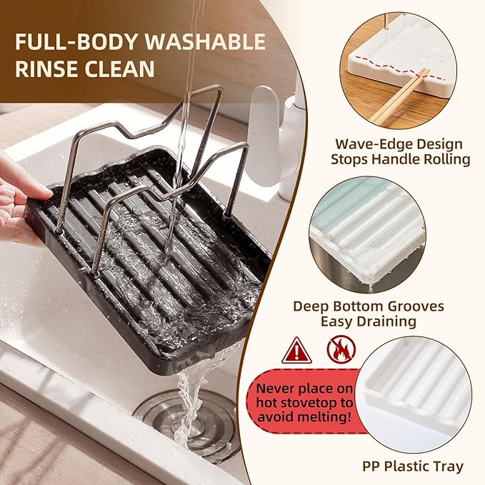 2 in 1 Pot Lid Holder & Spoon Rest for Kitchen Counter, Plastic Utensil Rest with Stainless Steel Pan Lid Holder Organizer While Cooking, Countertop Space Saving Pot Cover Rack | Easy to Clean