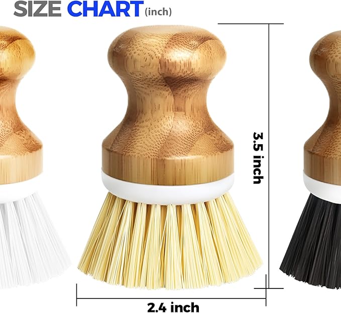 Holikme Bamboo Palm Brush Dish Brushes Vegetable Scrubber Round Natural Scrub Brush Cleaning Kit for Cleaning Saucepans, Pots, Pans and Vegetables, White Yellow Black