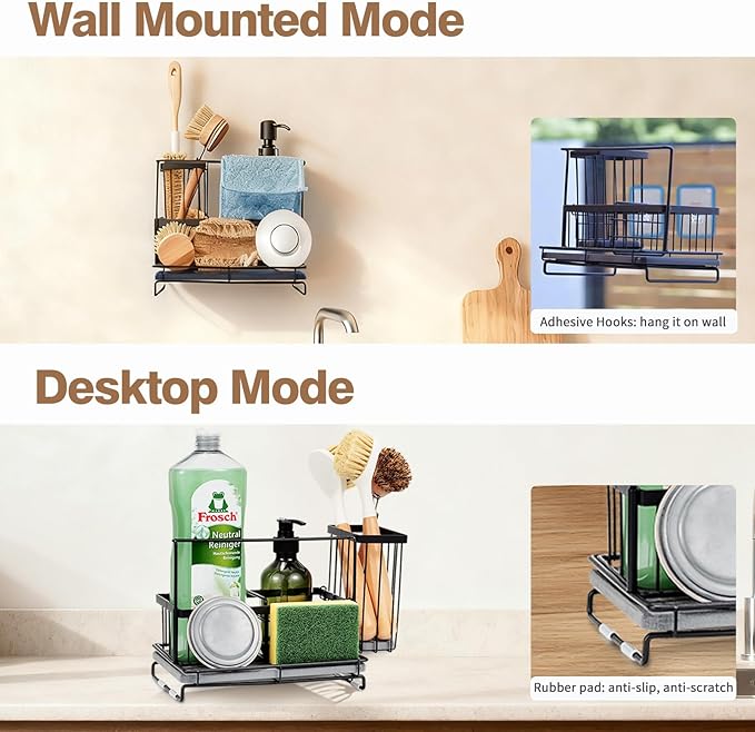 Kitchen Sink Caddy with Instant Drying Stone: Sink Sponge Holder, Stainless Steel Countertop Organizer Basket for Sponge, Scrubbers, Soap, Towel, Bathroom, Desk& Wall Mounted Mode, 2 Diatomaceous Pad