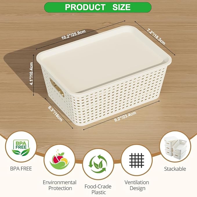 6 Pack Plastic Storage Baskets with Lids, Breathable Stackable Organizer Bins& Containers for Pantry, Desktops, Cabinet, Closet, Offices Organization Toys, Space Saving, Easy-Carry Handles,White