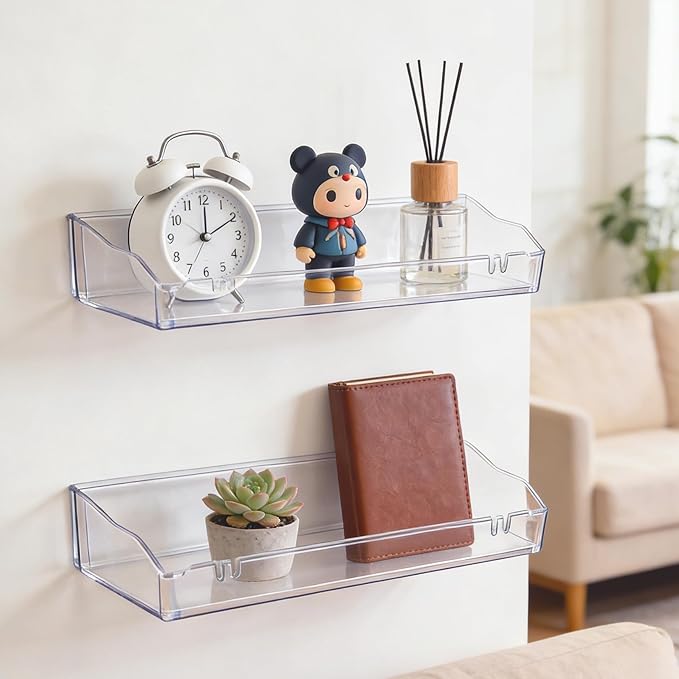 Clear Floating Shelves, Acrylic Shelves for Bathroom Organizers and Storage, Bathroom Shelf with Adhesive Shelf or Screws, Wall Mount Organizer for Shower Caddy,Room Decor, Kitchen, Living Room