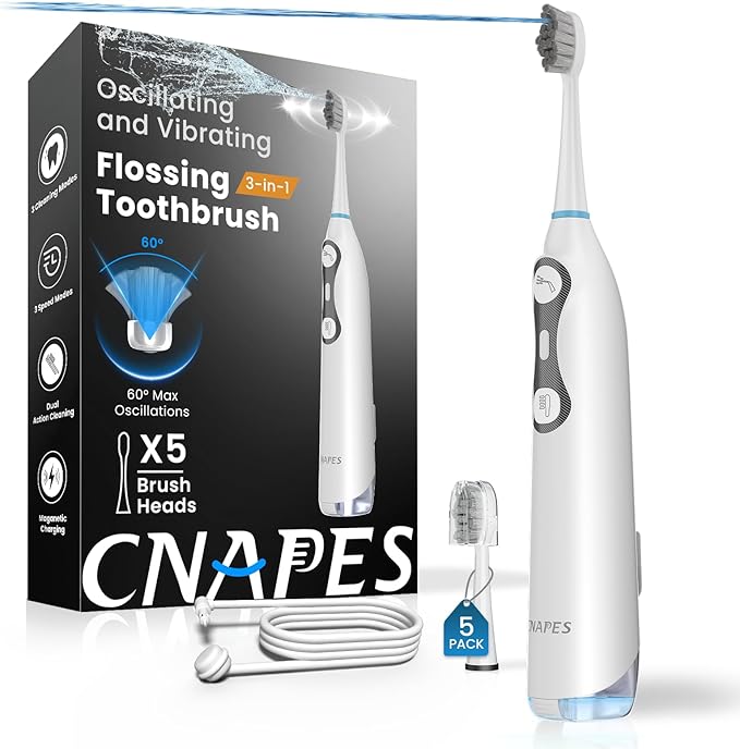 3-in-1 Flossing Toothbrush – Flosses, Vibrates and Oscillates, Electric Toothbrush with Water Flosser for Adults, 5 Brush Heads, 3 Modes for Plaque Removal, Sensitivity & Braces, Travel - White