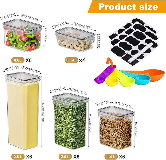 stusgo 28 Pack Airtight Food Storage Containers with Lids, BPA Free Clear Pantry Storage Container for Kitchen Food Pantry Organizers and Storage, Plastic Pantry Organiser for Cereal,Flour and Sugar