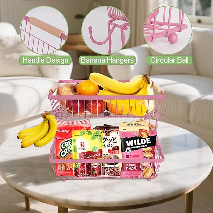 Fruit Basket Bowl 2 Tier Detachable with 2 Banana Hangers, Fruit Stand Holder for Kitchen Countertop, Metal Wire Vegetable Storage Organizer, for Bread Snack Veggies Produce, pink